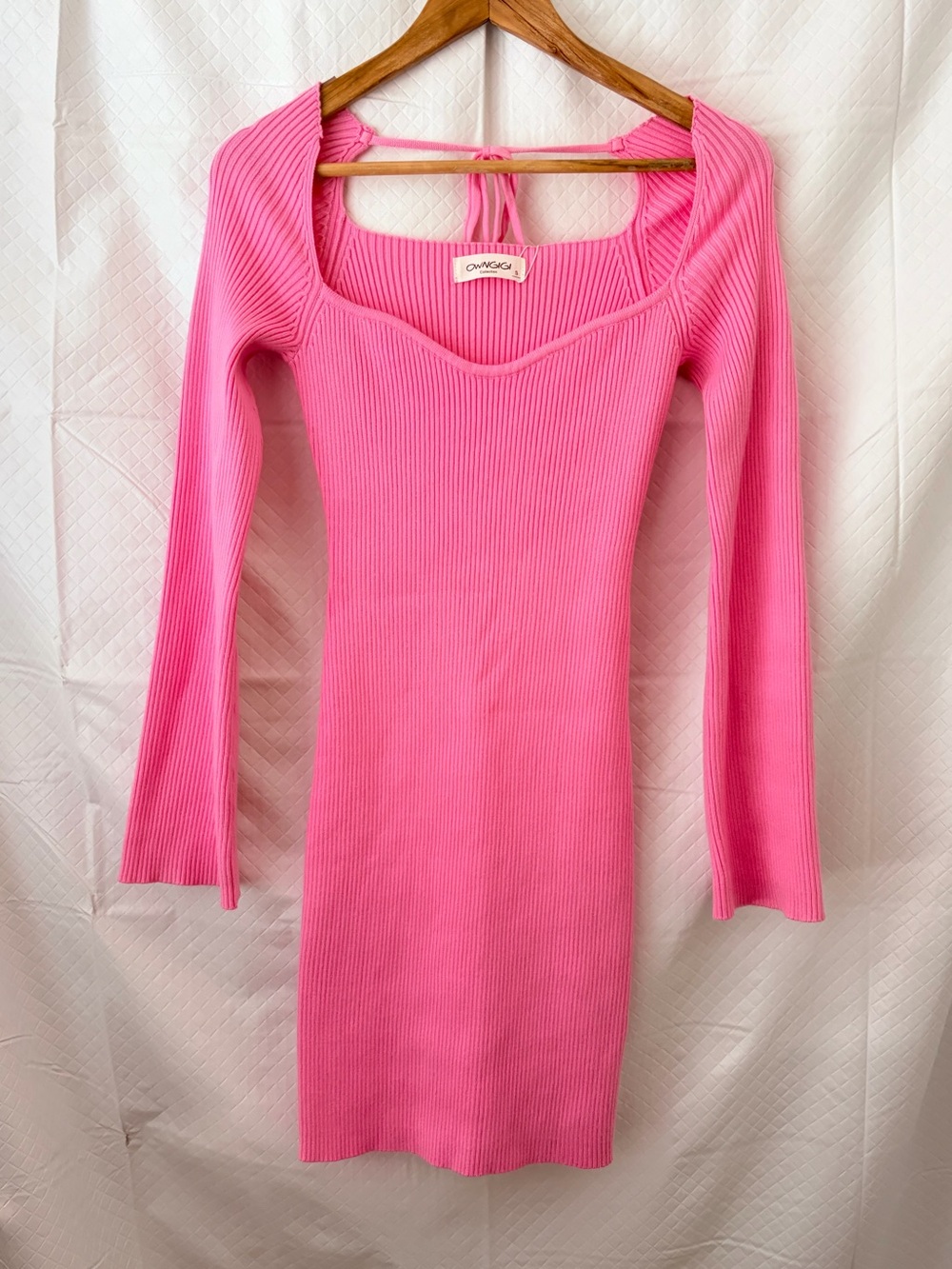 Owngigi Collection Ribbed Knit Mini Dress with Square Neck and Tie Back
